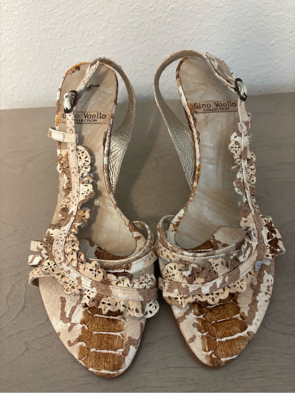 Vintage Gino Vaello beige brown snakeskin print laser cut slingback ruffle heels